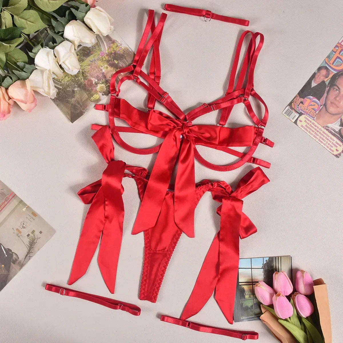 Red bowknot underwire choker skirt set