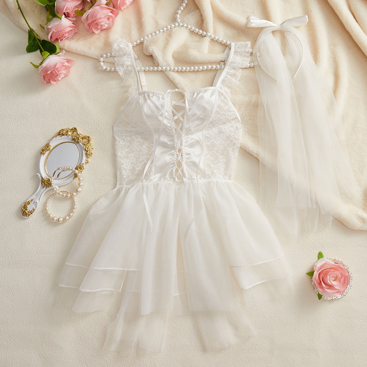 White bridal satin lace corset tulle set