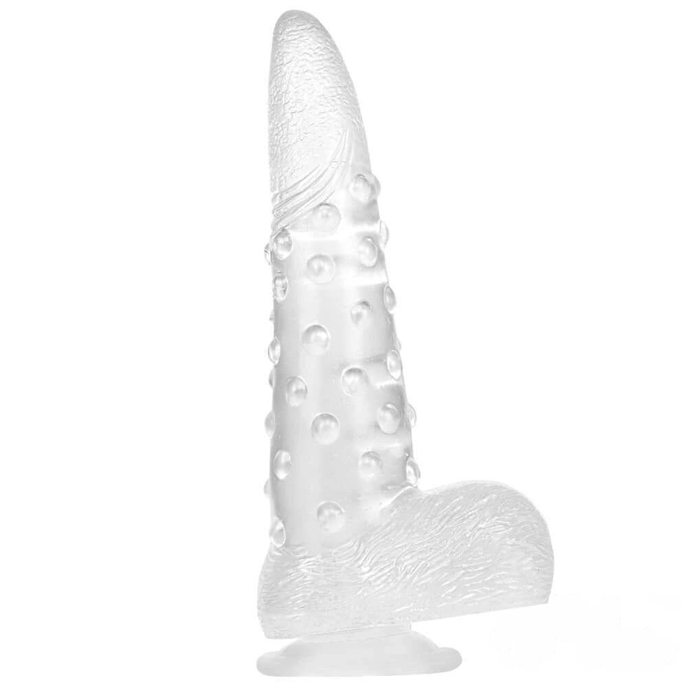Transparent bumpy textured fantasy dildo