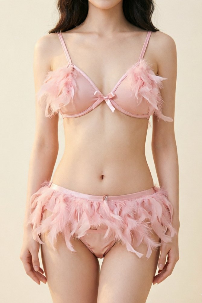 Pink bunny bell tail feather trim bra brief set