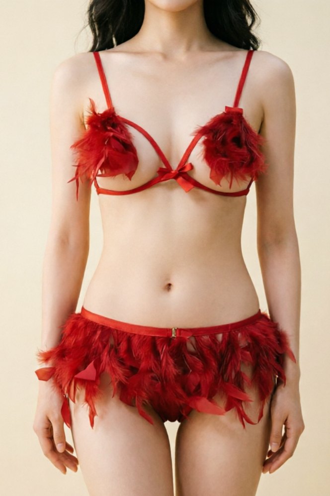 Red bunny bell tail feather trim bra brief set