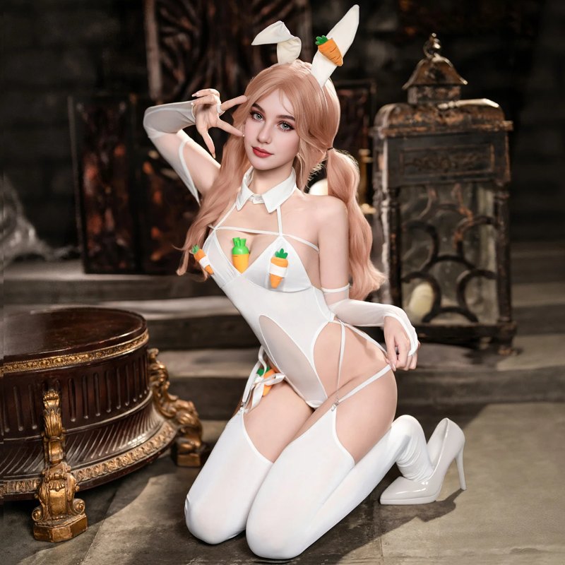 White Lingerie & Carrot Vibrator bunny carrot cosplay bodysuit stocking set