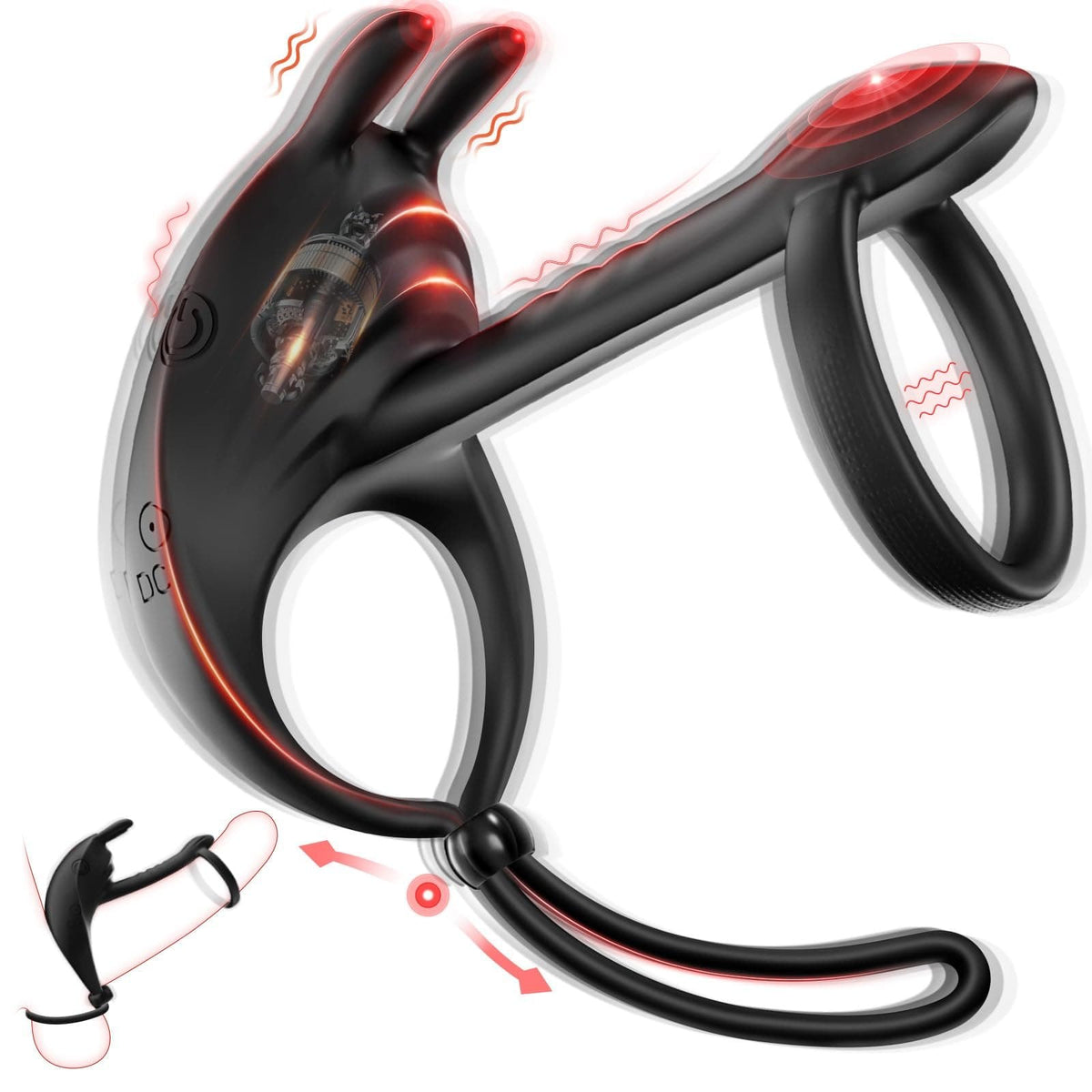 Black vibrating triple cock ring with bunny ear tips, photo 1