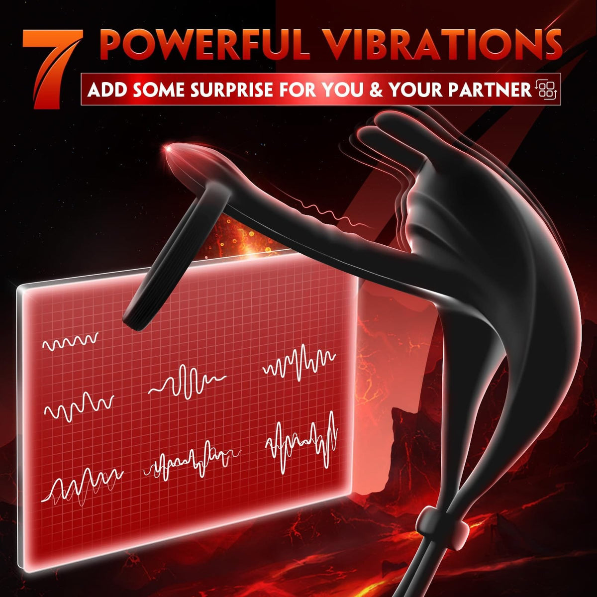 Black vibrating triple cock ring with bunny ear tips, photo 4