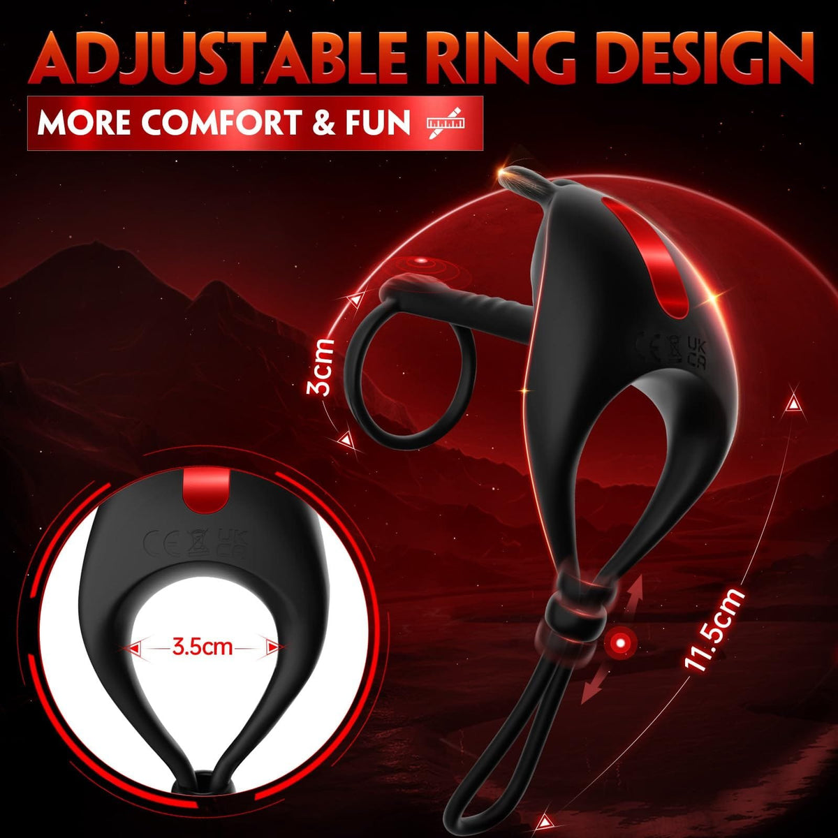 Black vibrating triple cock ring with bunny ear tips, photo 5