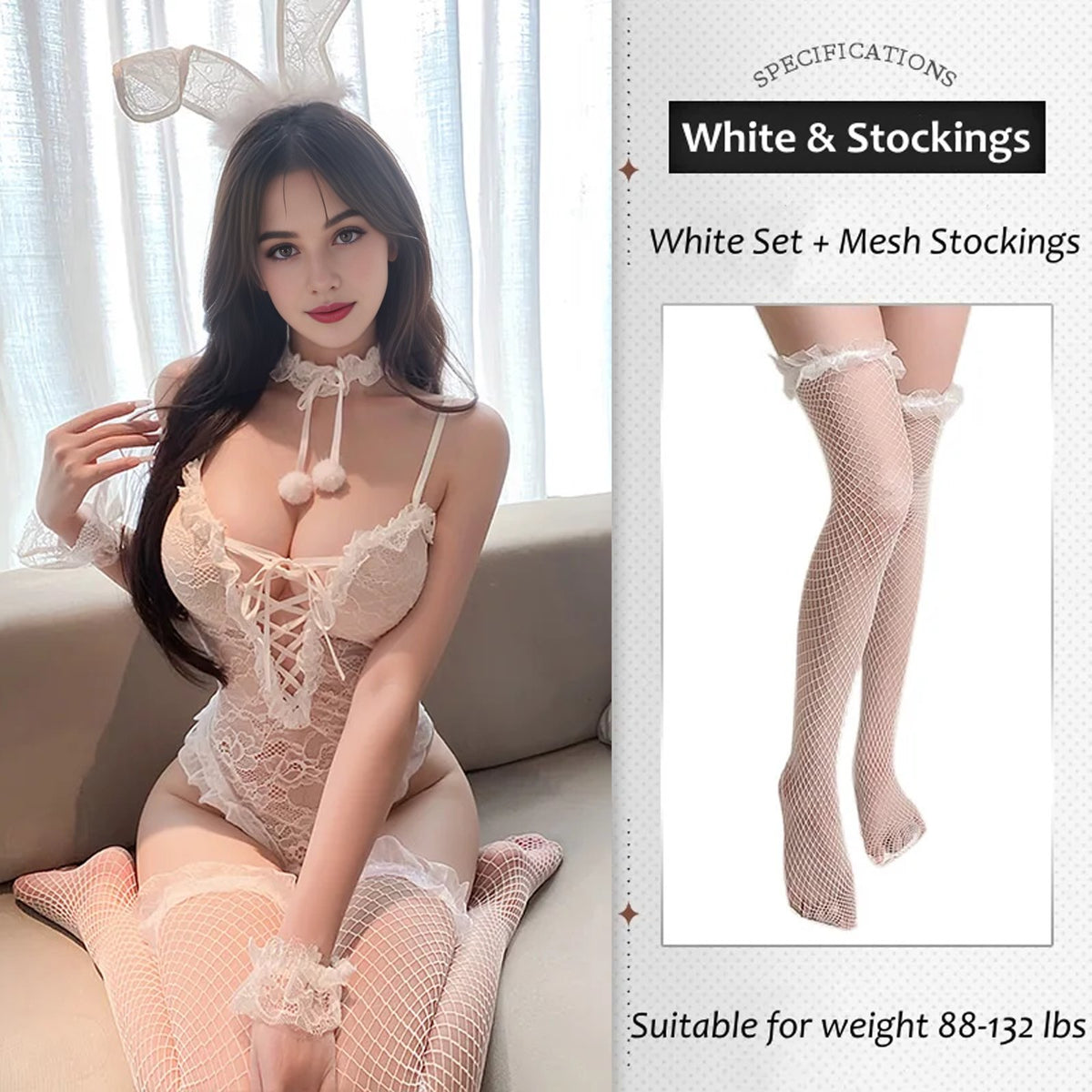 White & Mesh Stockings bunny ears lace up open back bodysuit