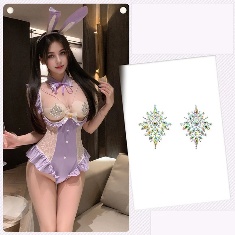 Purple & Breast Pad Suit bunny girl rhinestone lace bodysuit costume