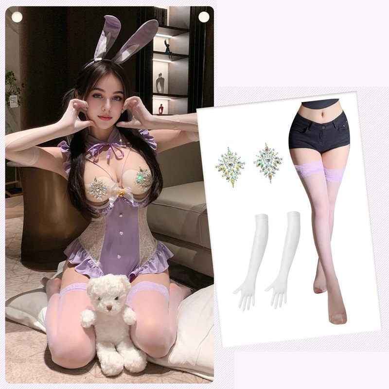 Purple Full Set bunny girl rhinestone lace bodysuit costume