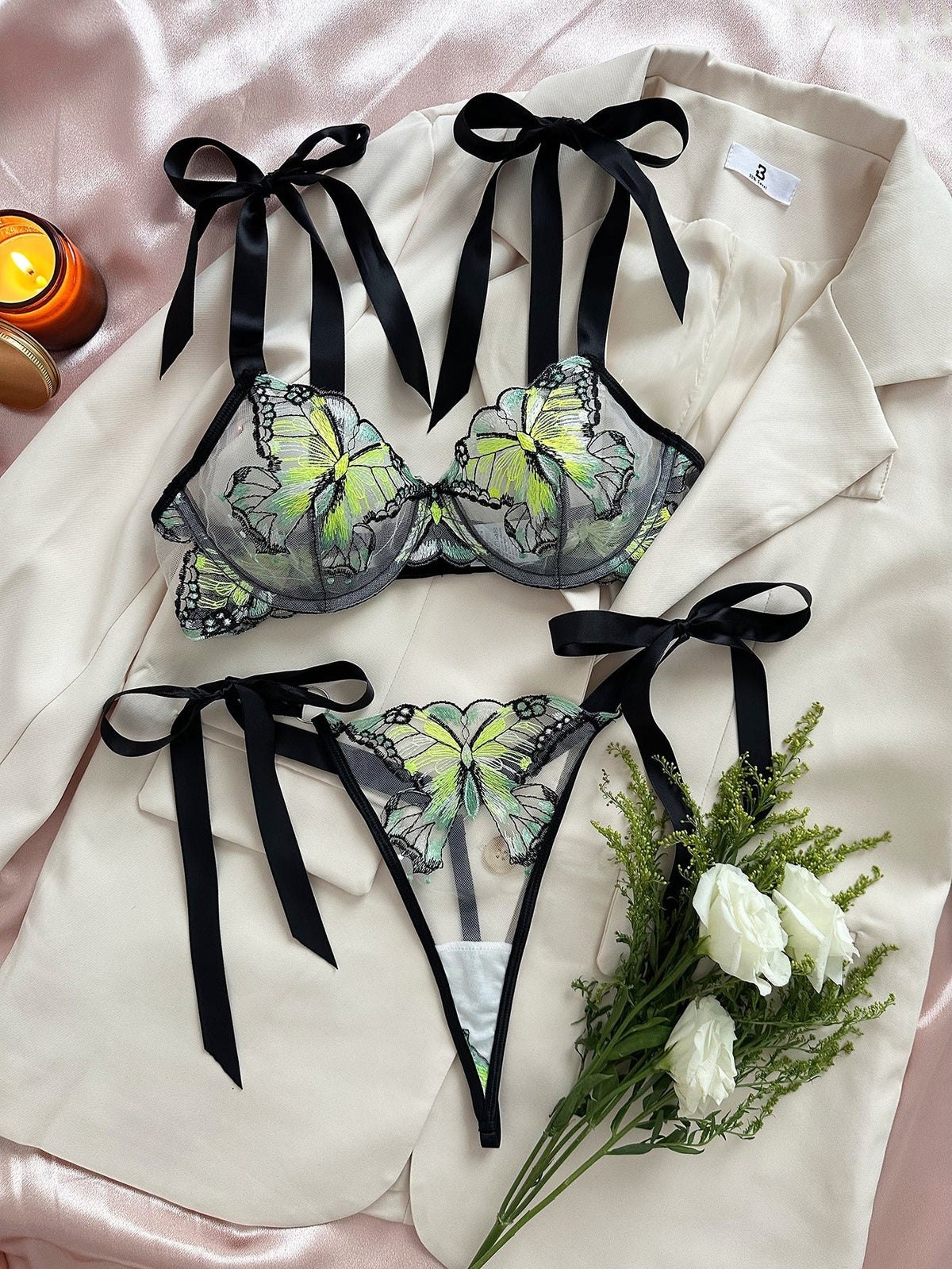 Butterfly embroidered underwire mesh bra set, photo 10