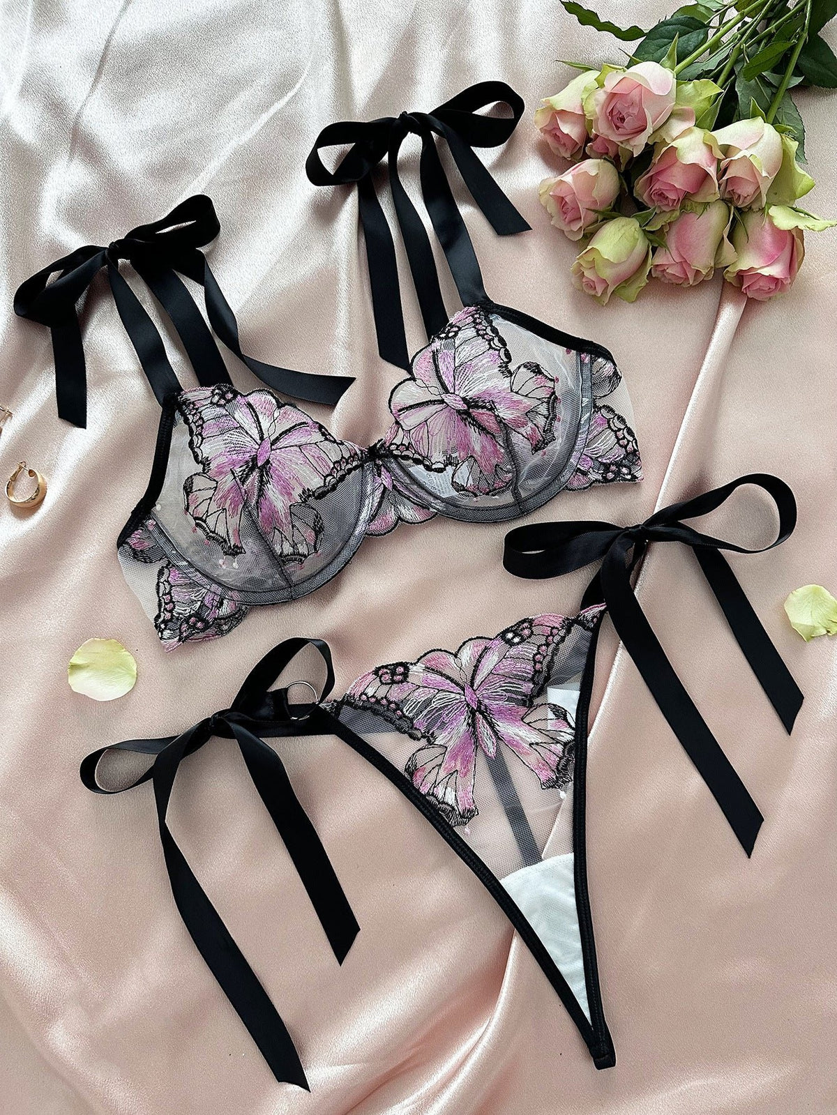 Butterfly embroidered underwire mesh bra set, photo 11