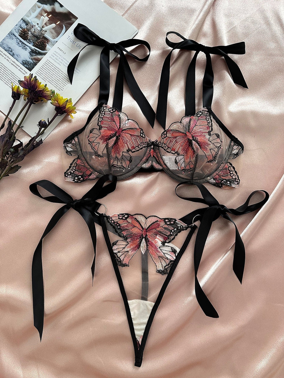 Butterfly embroidered underwire mesh bra set, photo 12