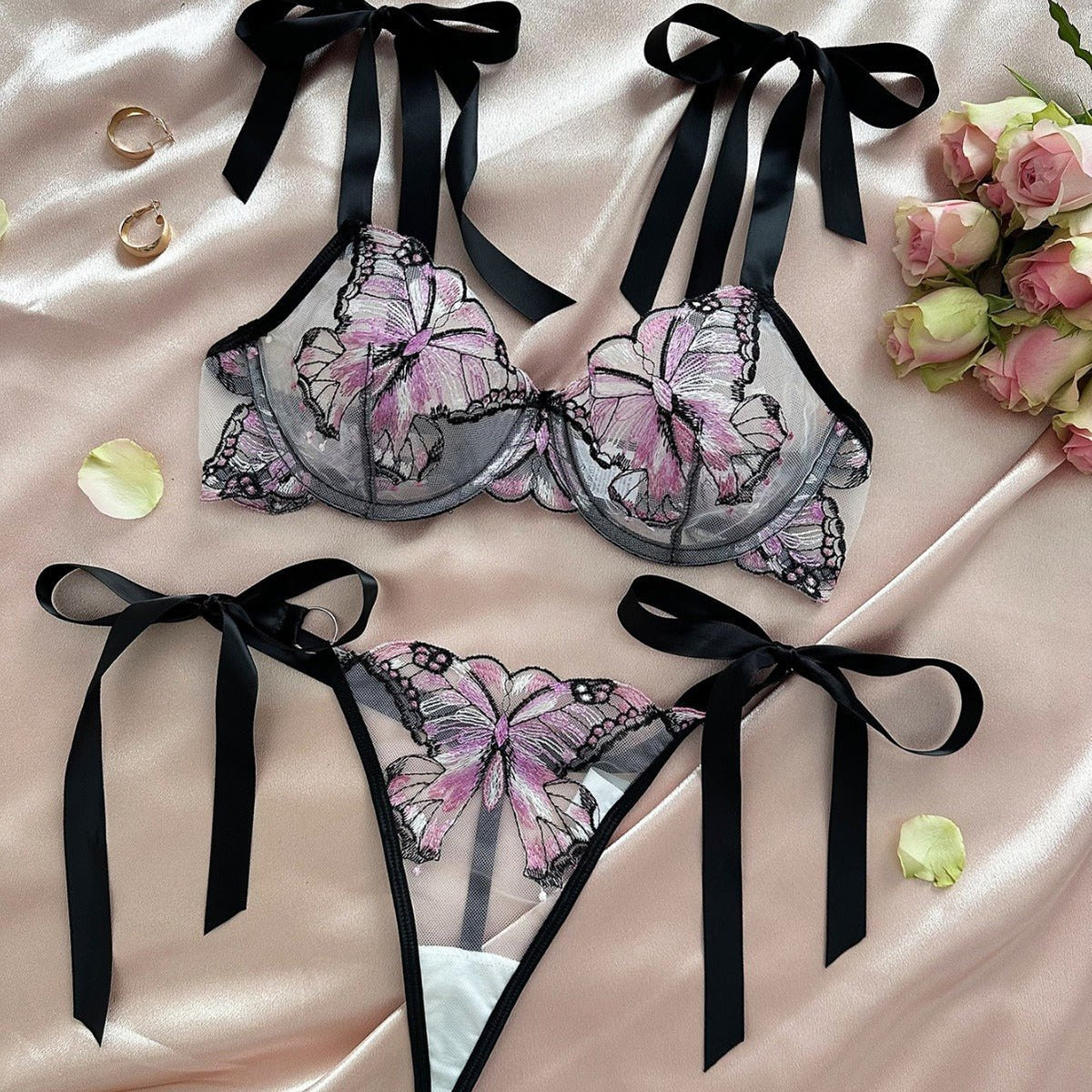 Butterfly embroidered underwire mesh bra set, photo 5