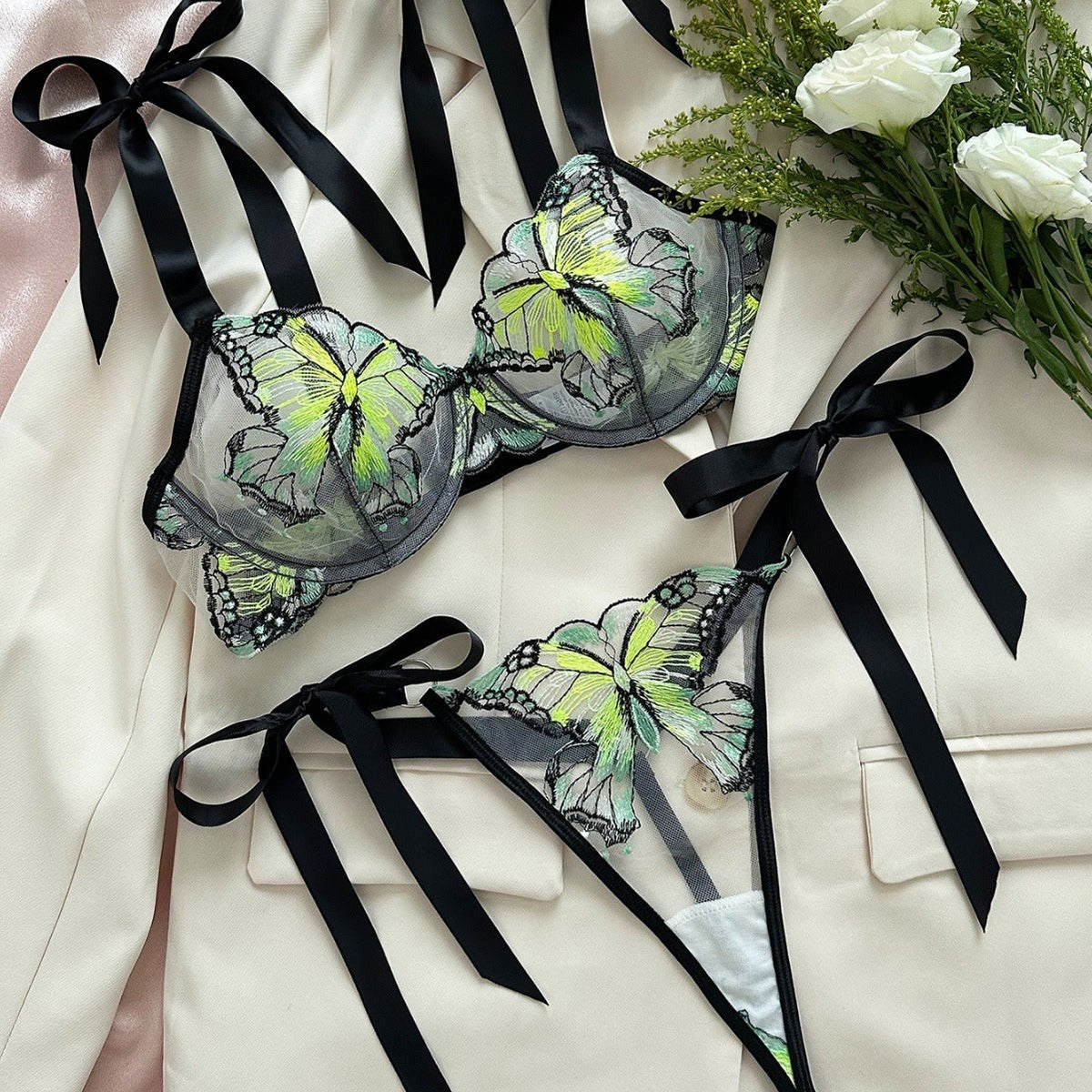 Butterfly embroidered underwire mesh bra set, photo 7