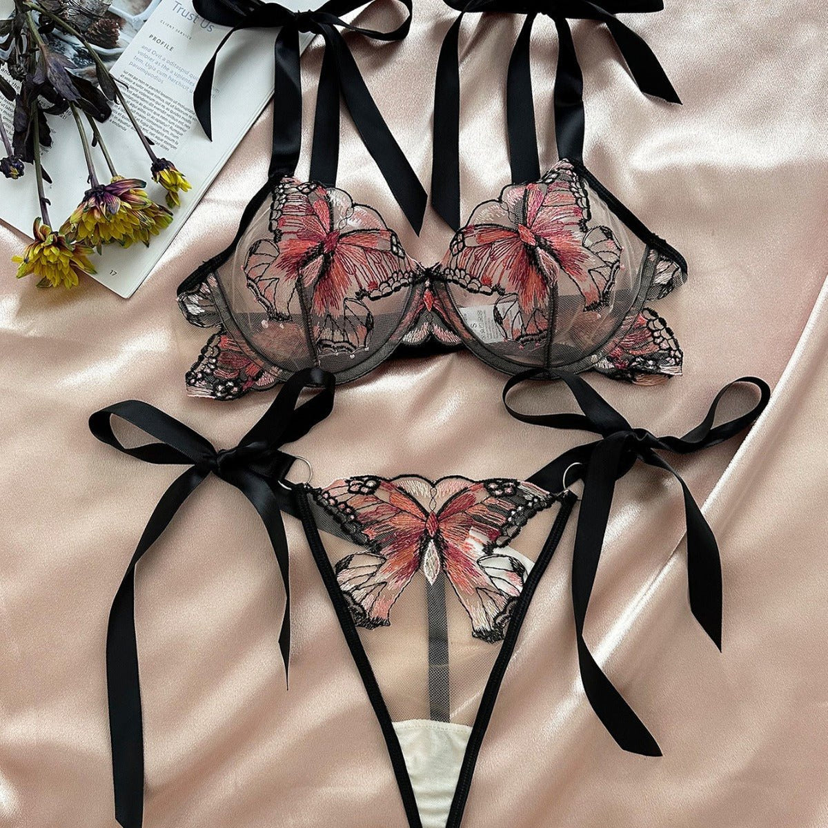 Butterfly embroidered underwire mesh bra set, photo 8
