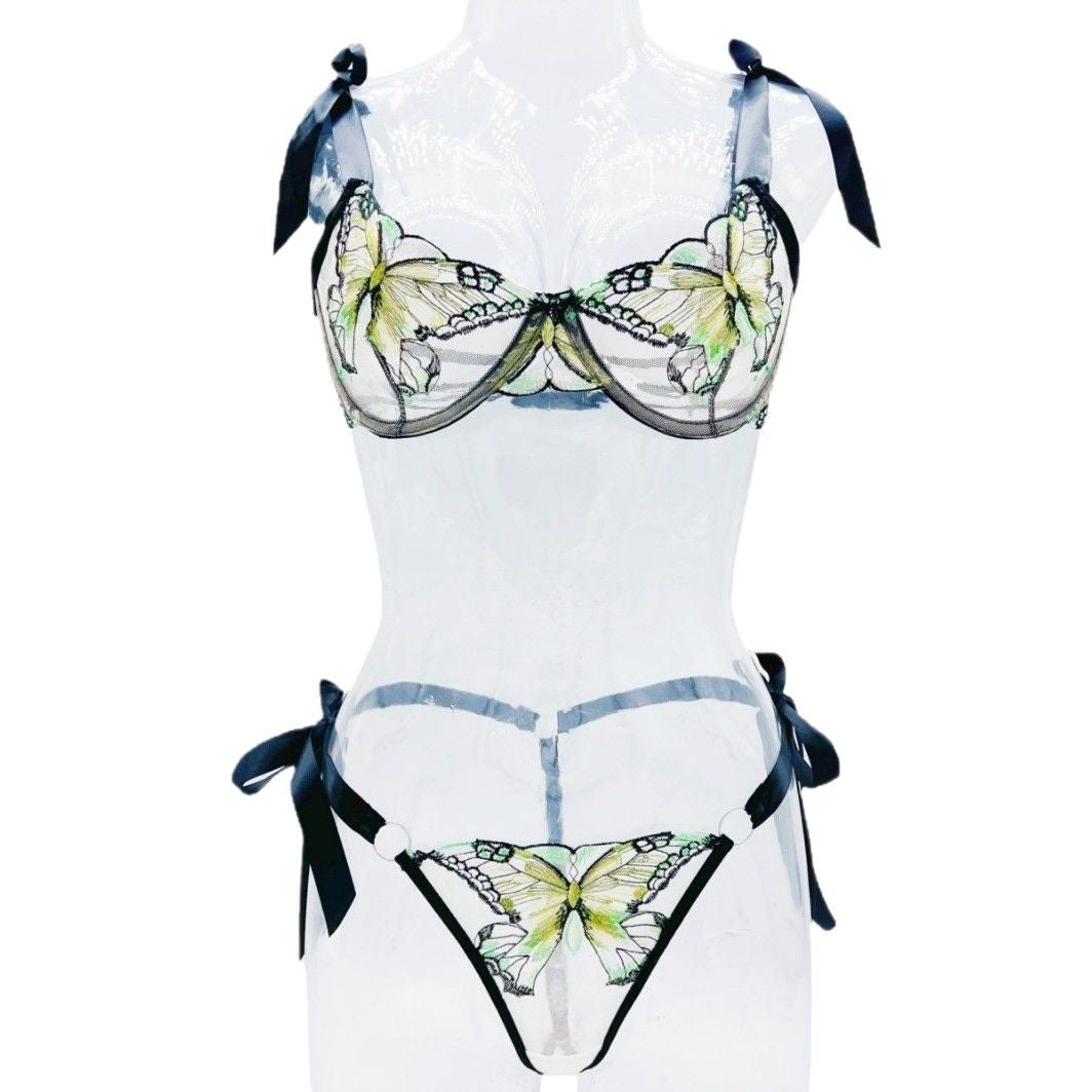 Butterfly embroidered underwire mesh bra set, photo 9