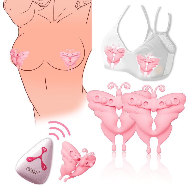 Pink butterfly-shaped wearable nipple clamp vibrator, photo 1