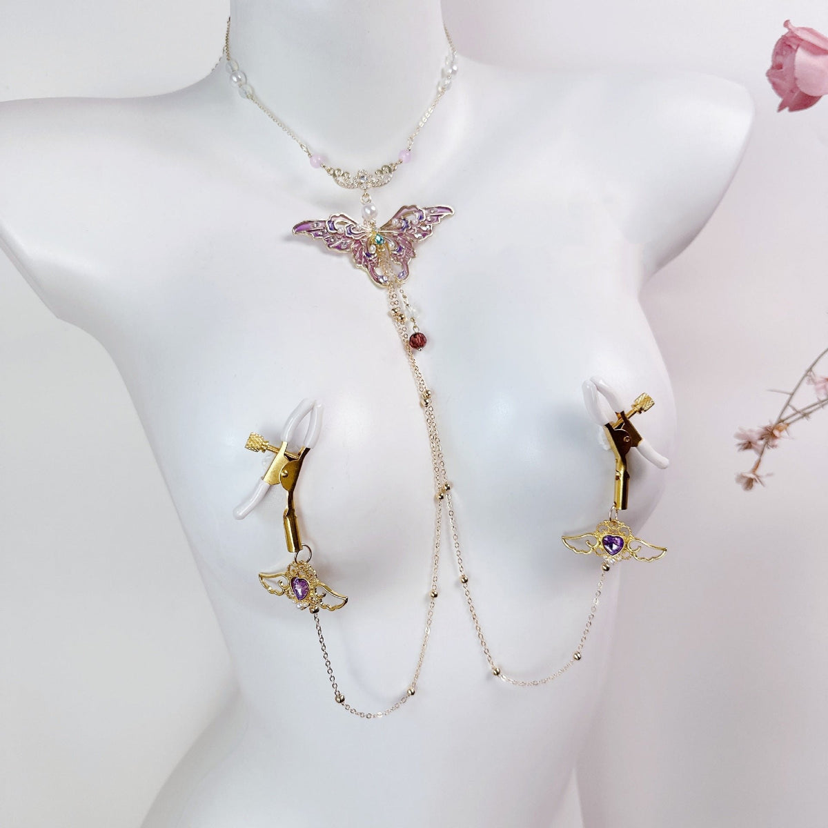 Purple butterfly pendant nipple clamp necklace, photo 1