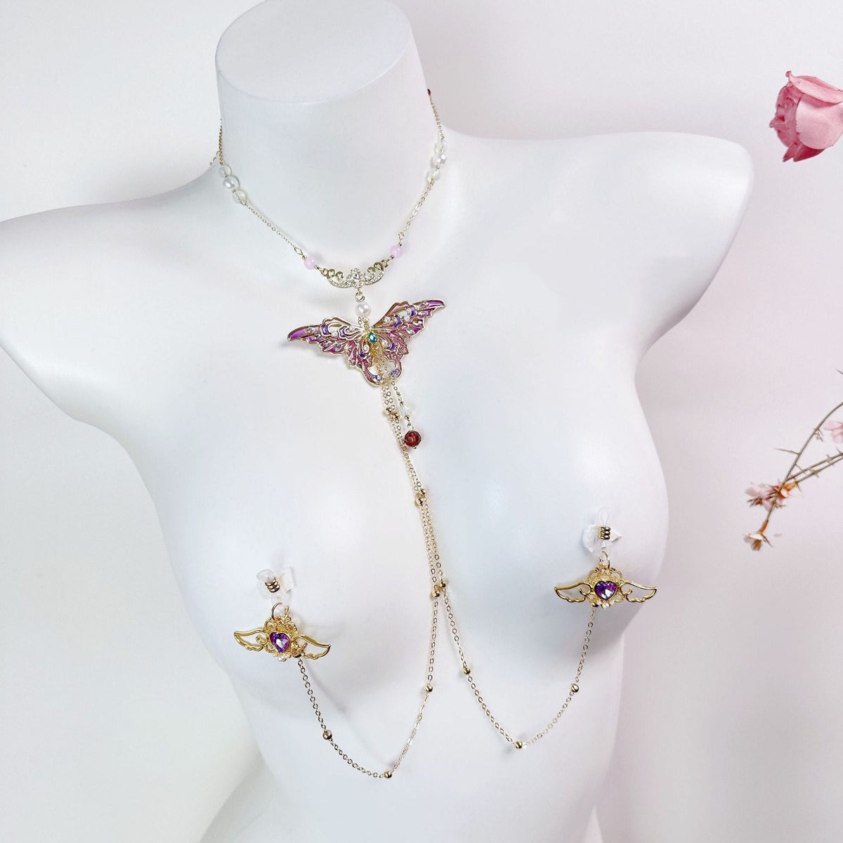 Purple butterfly pendant nipple clamp necklace, photo 2