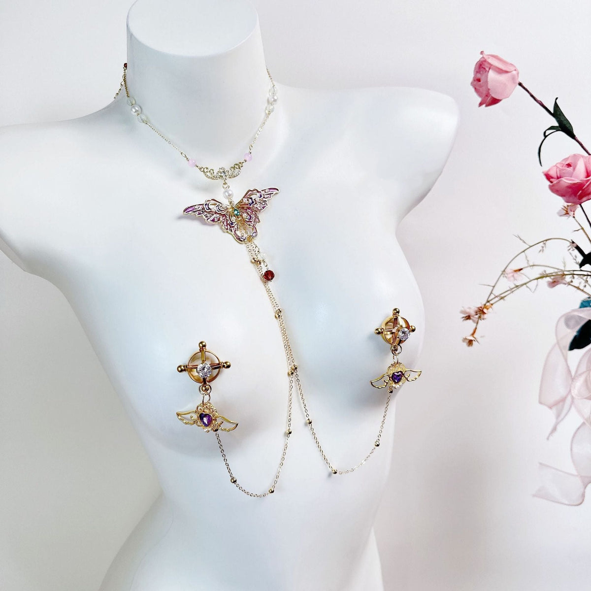 Purple butterfly pendant nipple clamp necklace, photo 3