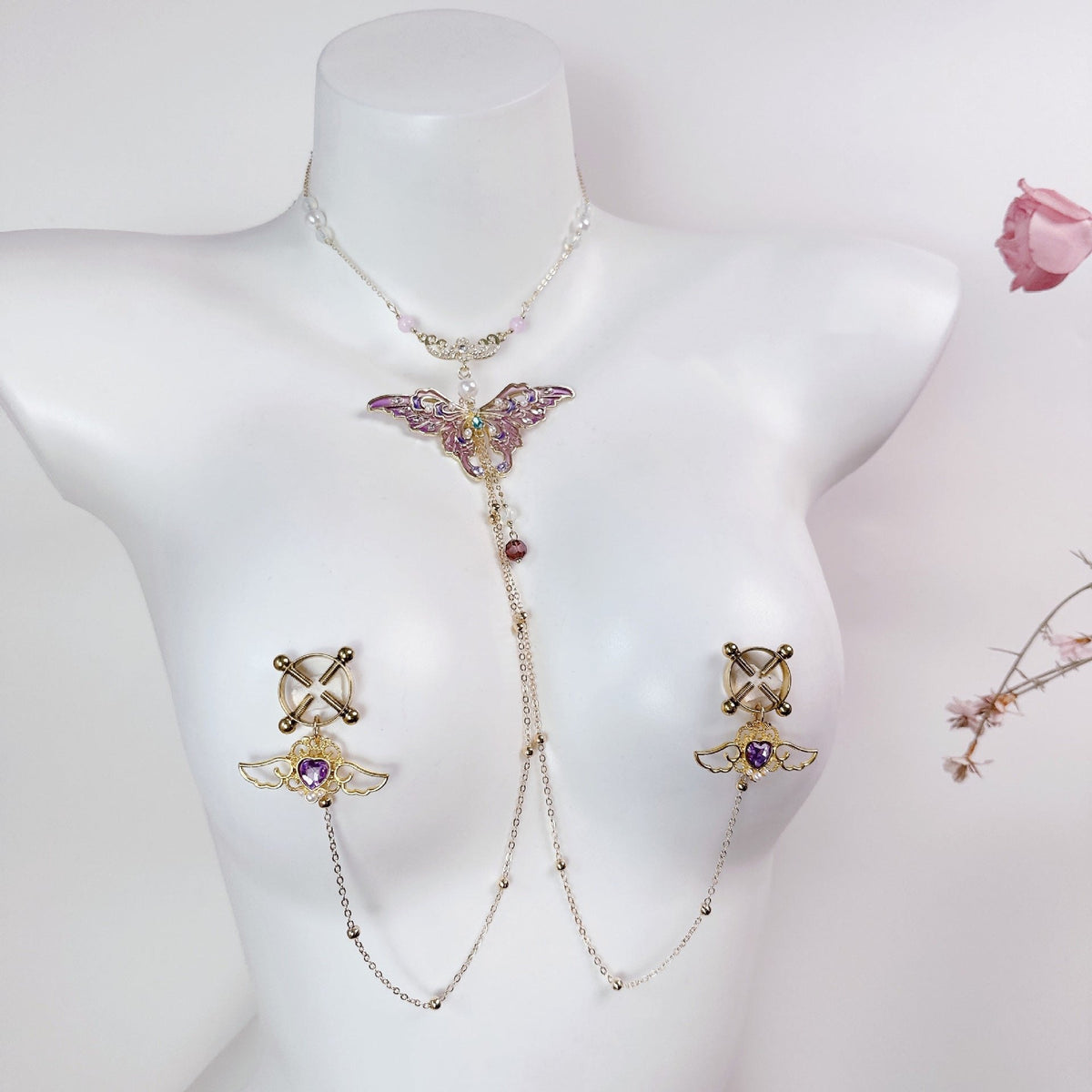 Purple butterfly pendant nipple clamp necklace, photo 4