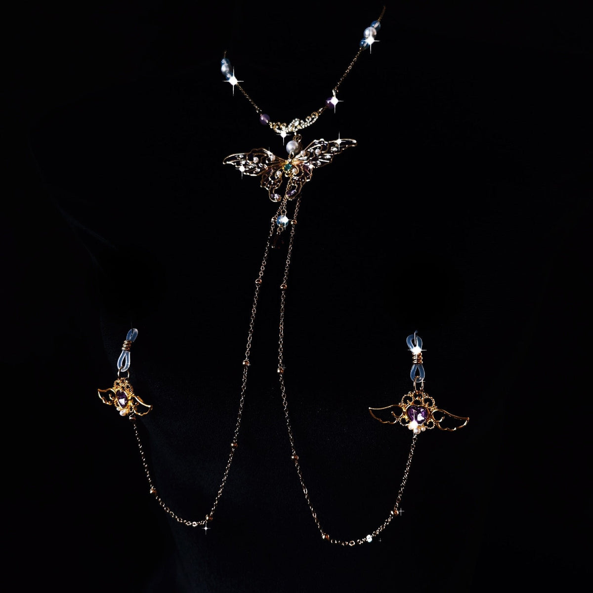 Purple butterfly pendant nipple clamp necklace, photo 5