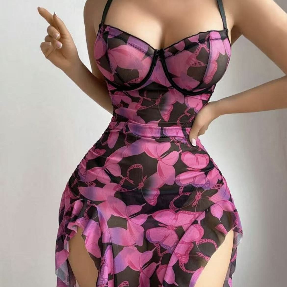Purple butterfly print mesh see through chemise