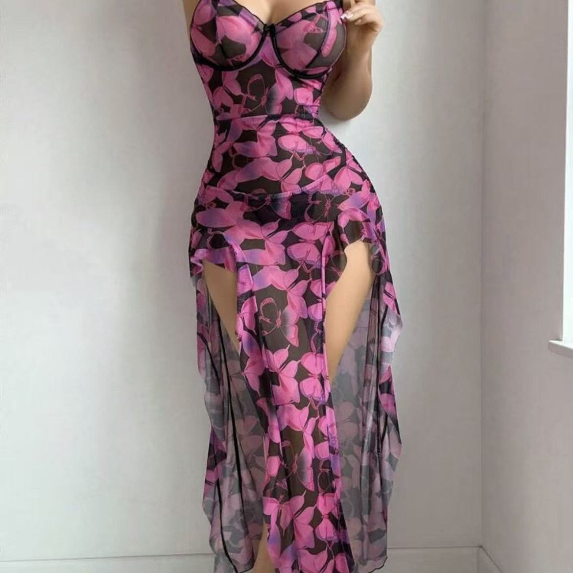 Butterfly print mesh see through chemise, photo 2