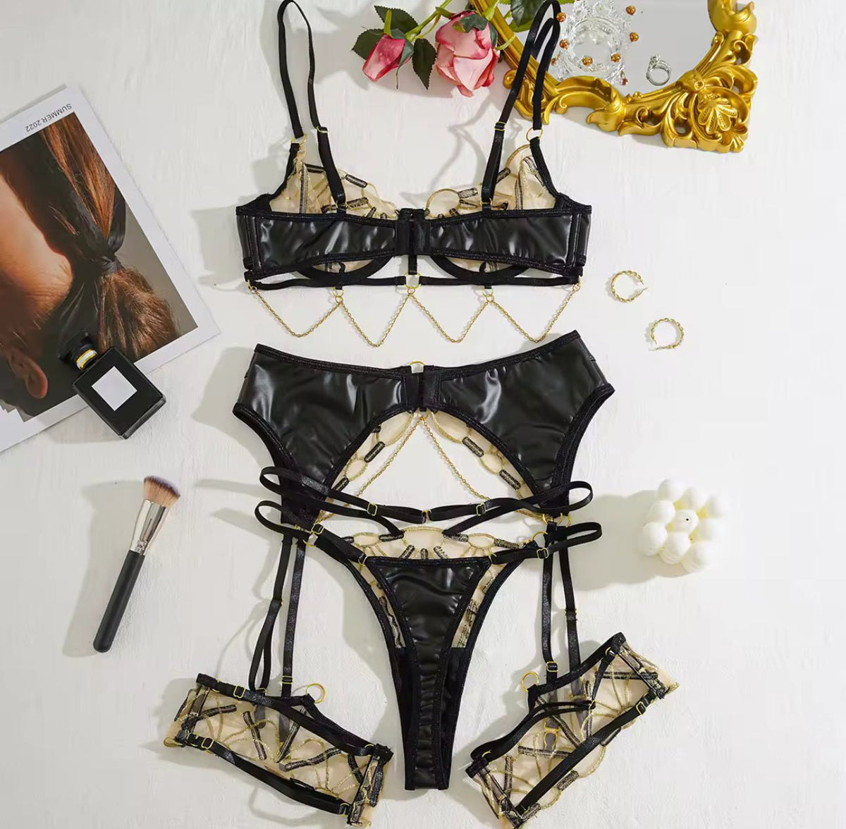 Cage mesh gold chain garter set, photo 8