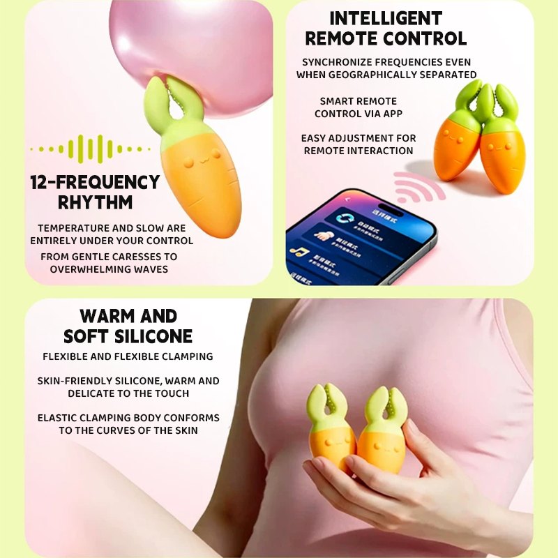 Orange carrot nipple and labia clamp vibrator pair, photo 2