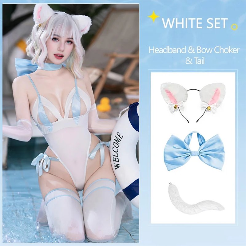 White & 3-piece Set cat cosplay open crotch bodysuit set