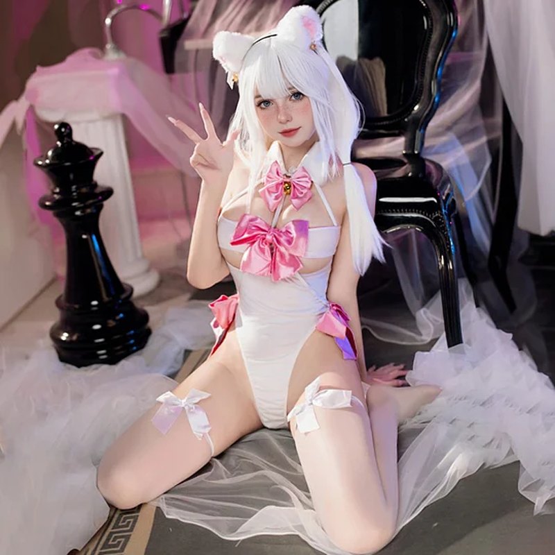 Cat cosplay satin bow open crotch bodysuit, photo 1