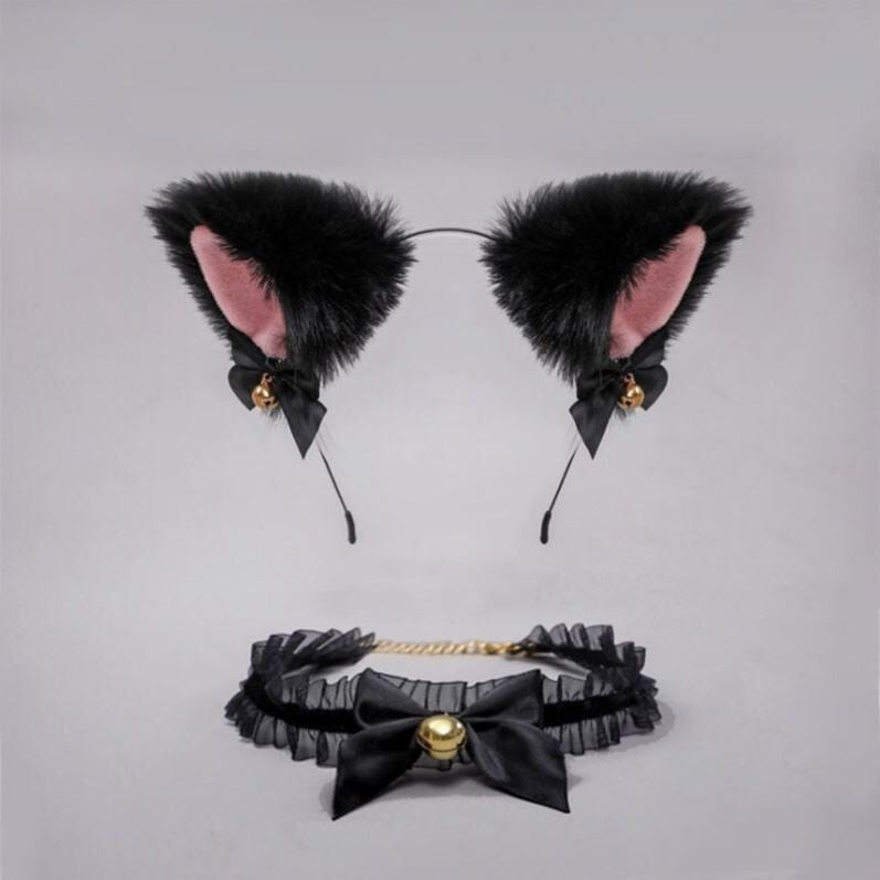 Black cat ear headband bell necklet set