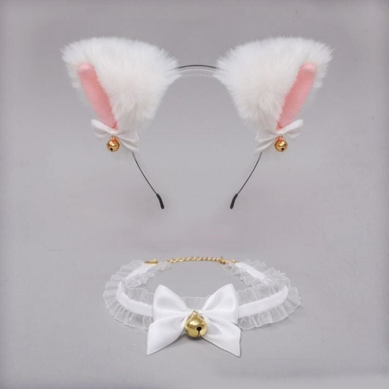 White cat ear headband bell necklet set