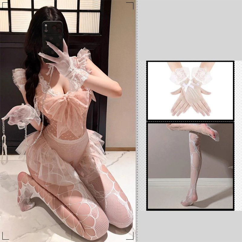 Pink Full Set cat ears open crotch mesh bodysuit