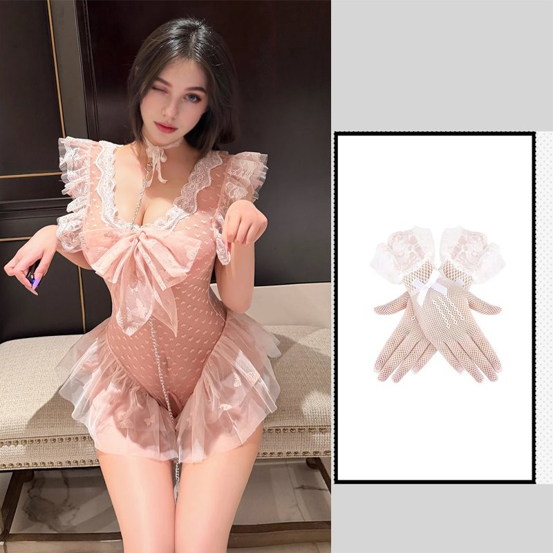 Pink & White Gloves Set cat ears open crotch mesh bodysuit