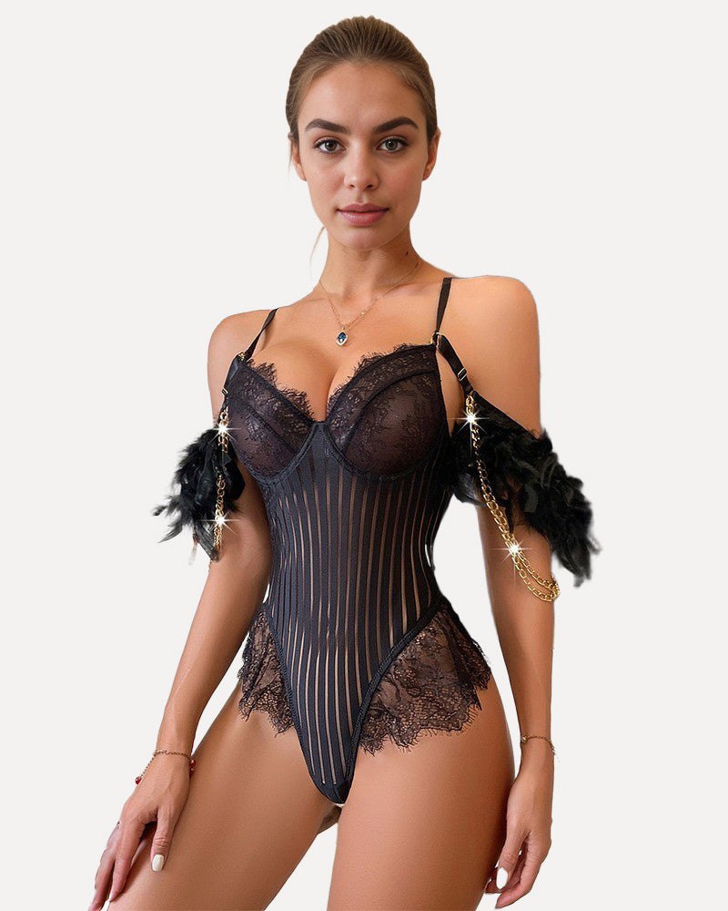 Chain feather eyelash lace bodysuit, photo 2
