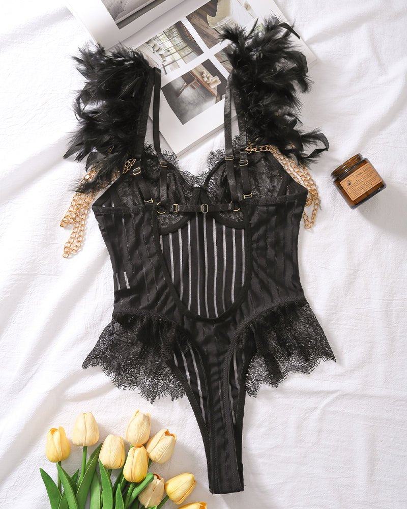Chain feather eyelash lace bodysuit, photo 8