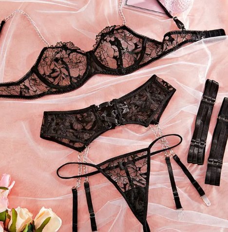 Chain strap floral lace underwire bra set, photo 6