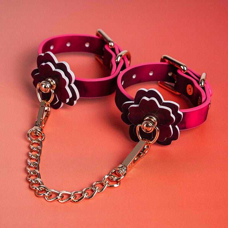 Pink cherry blossom bondage cuffs with chain, photo 2