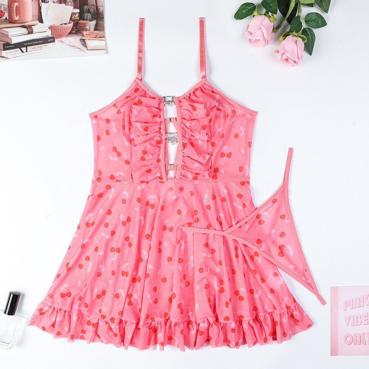 Pink cherry print mesh babydoll