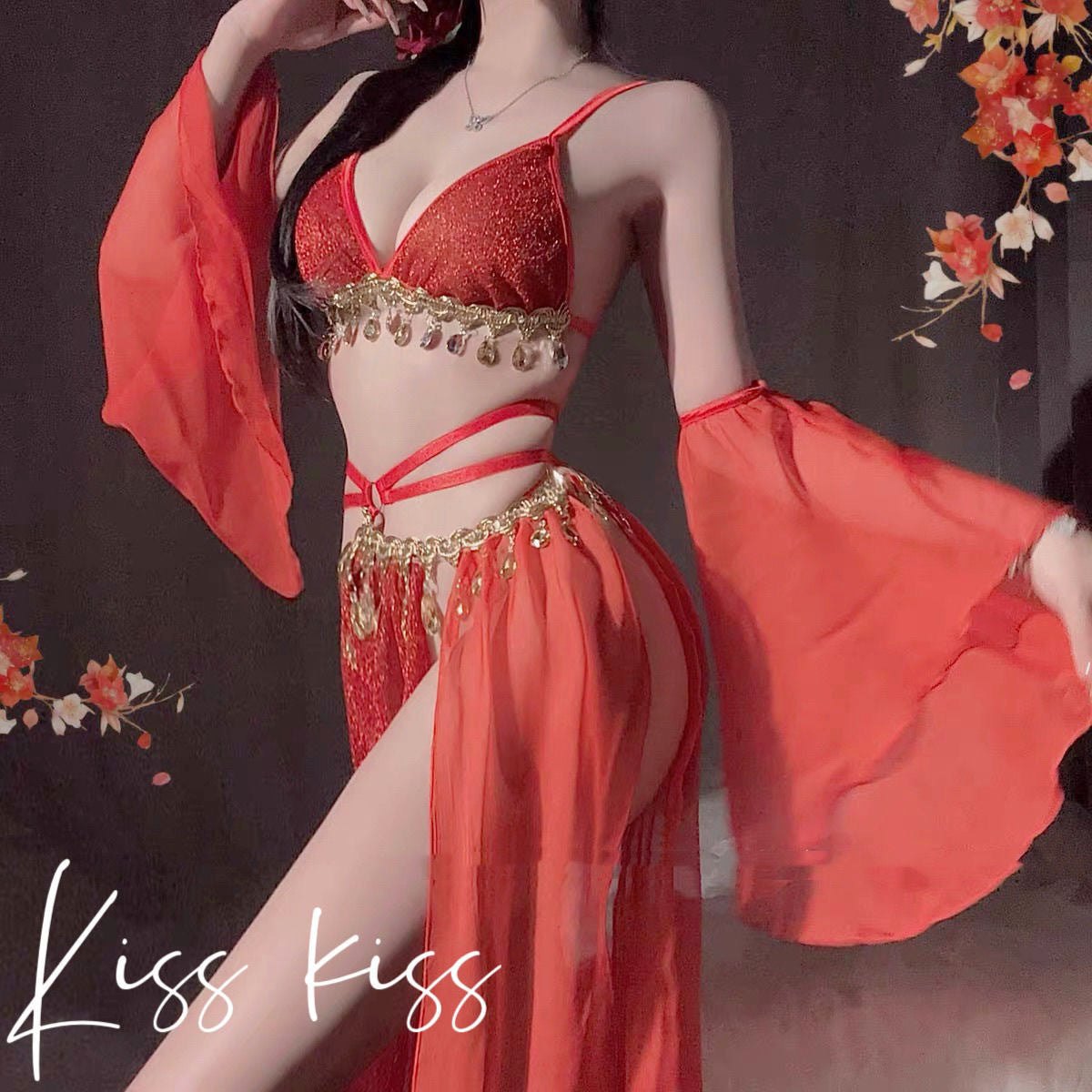 Demon Red chiffon backless lace up bra skirt set