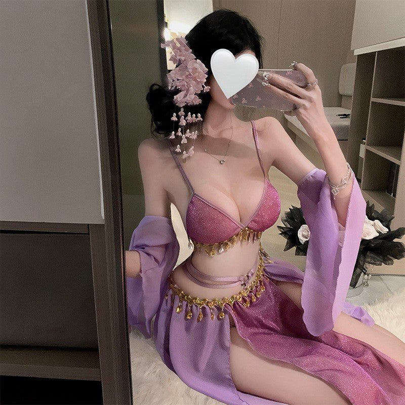 Mauve chiffon backless lace up bra skirt set