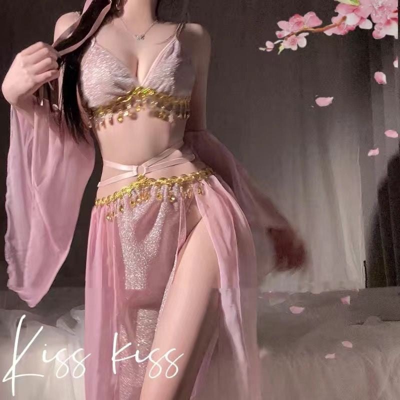Pink-purple chiffon backless lace up bra skirt set