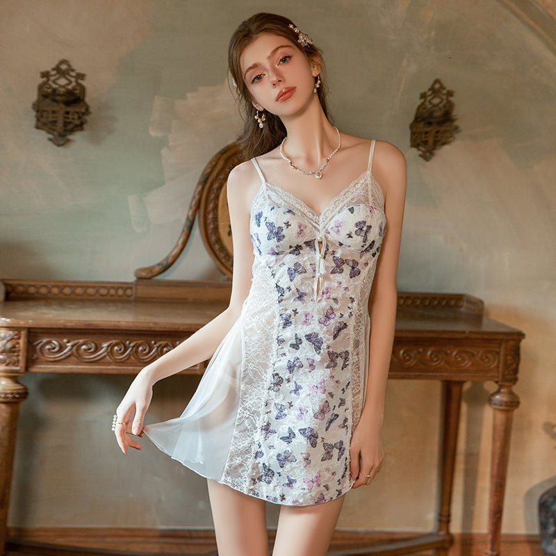 Purple chiffon butterfly print chemise nightgown