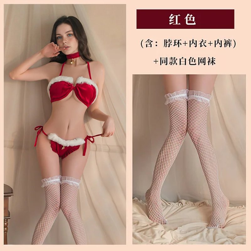 Wine Red & Stockings Set christmas plush ruffled bra set
