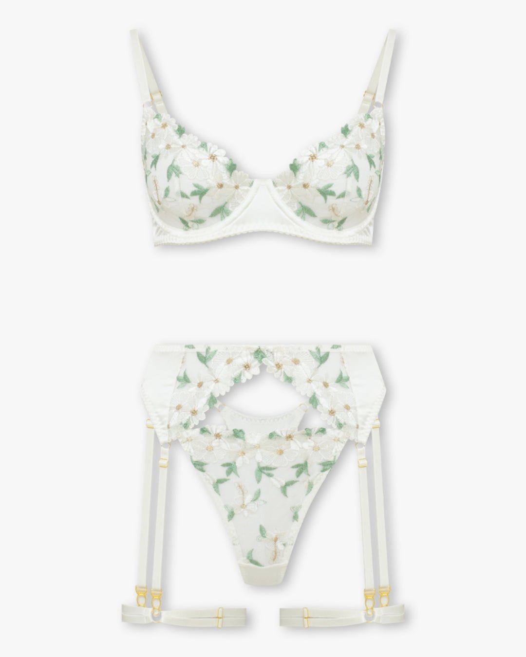 White floral embroidered garter lingerie set with green detail, photo 4