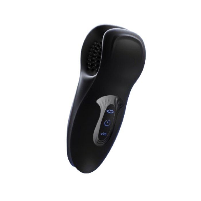 Black clamp-style vibrating stroker, photo 1