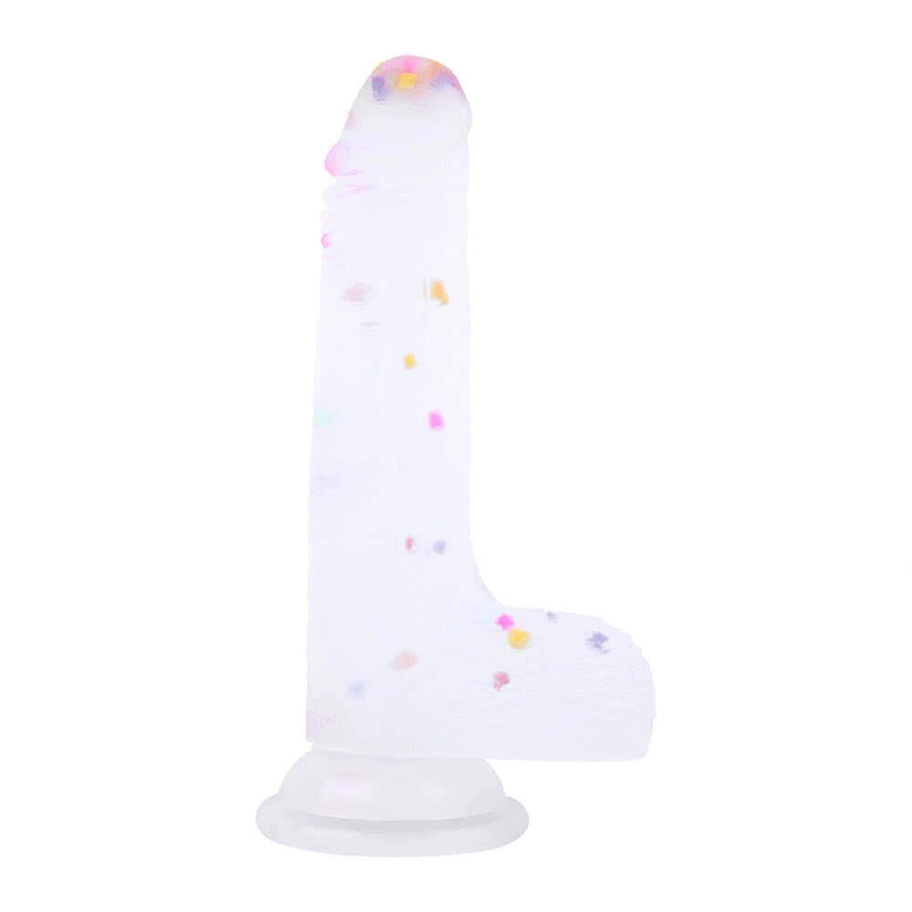 Clear dildo with colorful flecks and suction cup base, photo 1