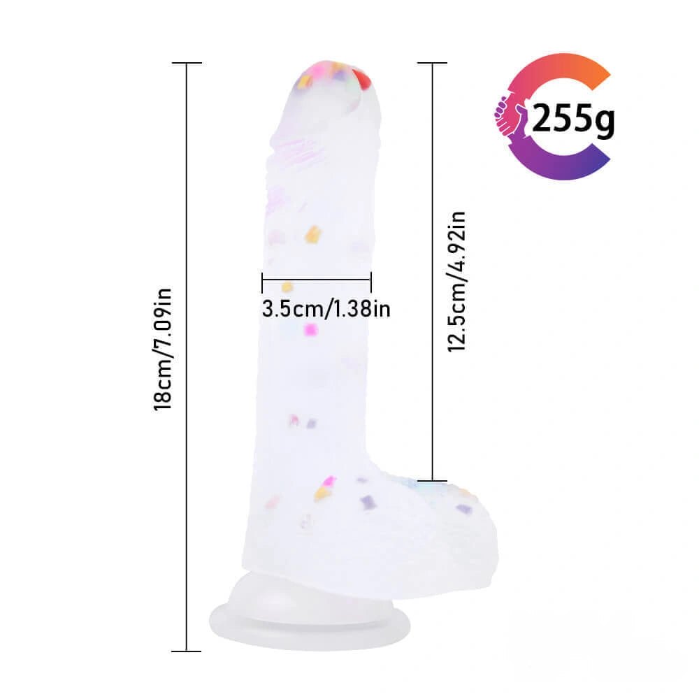 Clear dildo with colorful flecks and suction cup base, photo 10