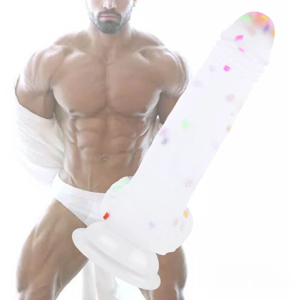 Clear dildo with colorful flecks and suction cup base, photo 11